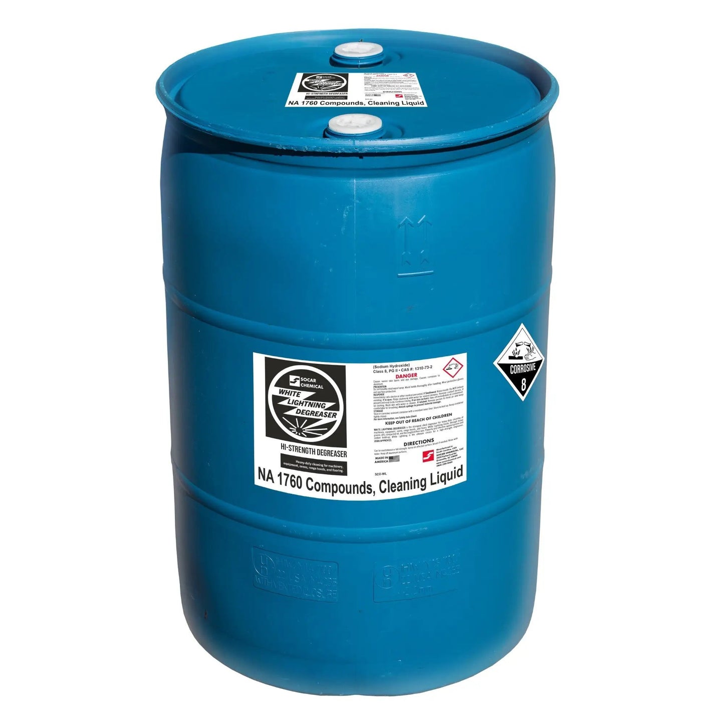 White Lightning Industrial Degreaser in a blue 55-gallon drum by Socar Chemical on Tampa Home & Garden Store