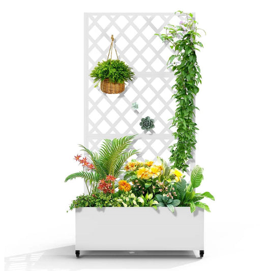 White Metal Outdoor Raised Garden Bed Planter Box with Trellis on Wheels - Tampa Home & Garden Store