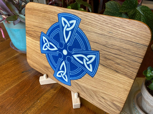 White Oak Charcuterie Board with blue Celtic Cross Inlay handmade on Tampa Home & Garden Store