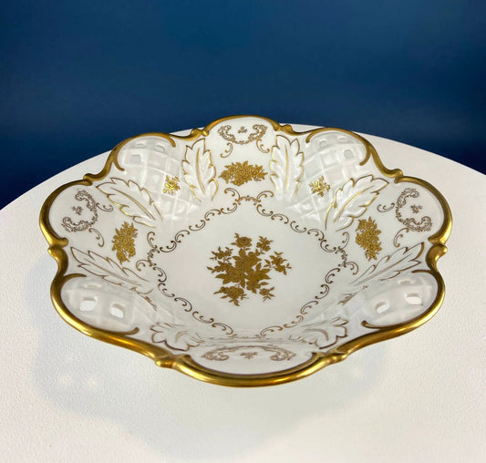 Rosenthal white and gold footed porcelain bowl with scalloped rim and intricate floral motifs on Tampa Home & Garden Store