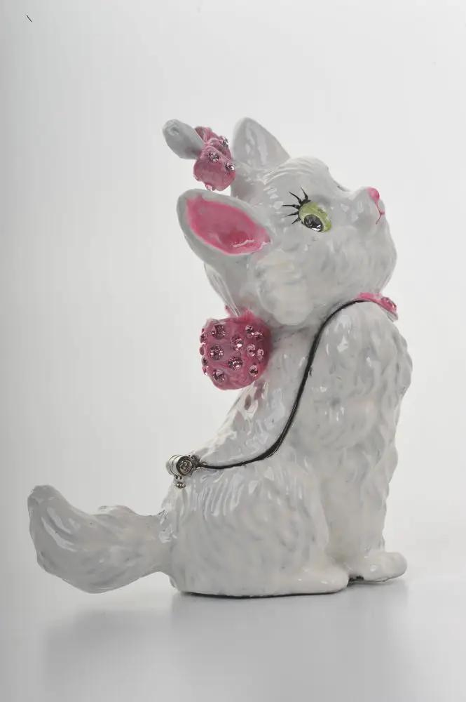 White cat trinket box figurine with pink crystals and pink ears, necklace by Furr Baby Gifts on Tampa Home & Garden Store