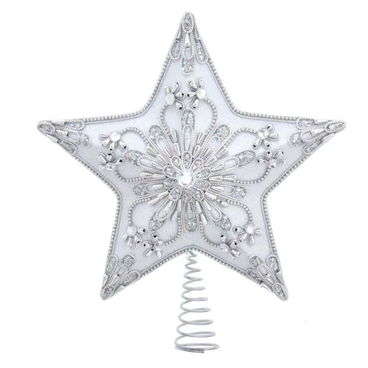 Star Tree Topper, white and silver beaded with crystal accents, 13 inch, spiral stem on Tampa Home & Garden Store