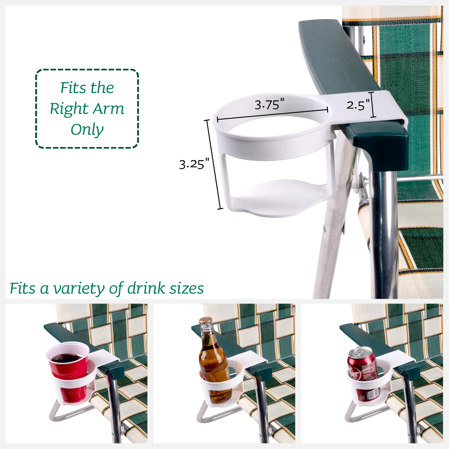 Right-arm white cup holder for Lawn Chair USA outdoor chair, slides onto arm, various views on Tampa Home & Garden Store