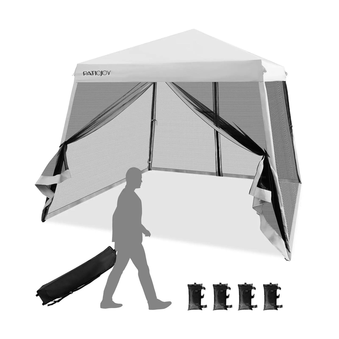 10x10 Pop Up Canopy with Mesh Sidewalls white canopy by PatioJoy with roller bag on Tampa Home & Garden Store