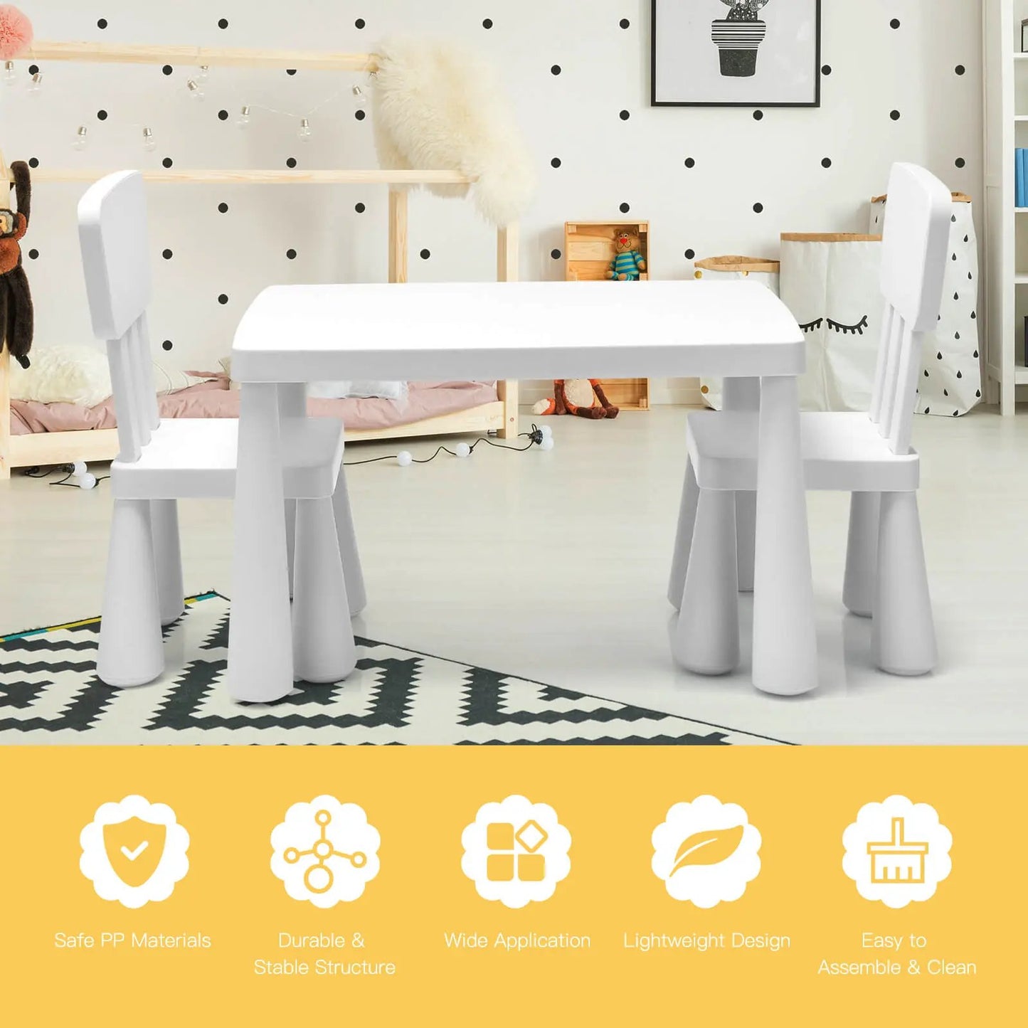 White plastic toddler table with two matching chairs for play and dining on Tampa Home & Garden Store