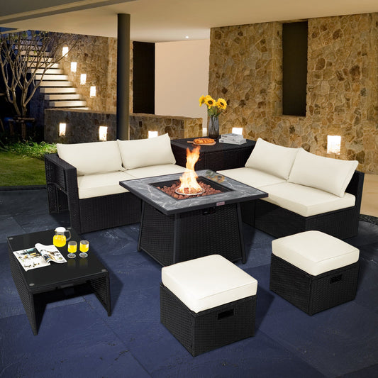 9 Pieces Outdoor Wicker Sectional with 35 Inch Gas Fire Pit Table - Tampa Home & Garden Store