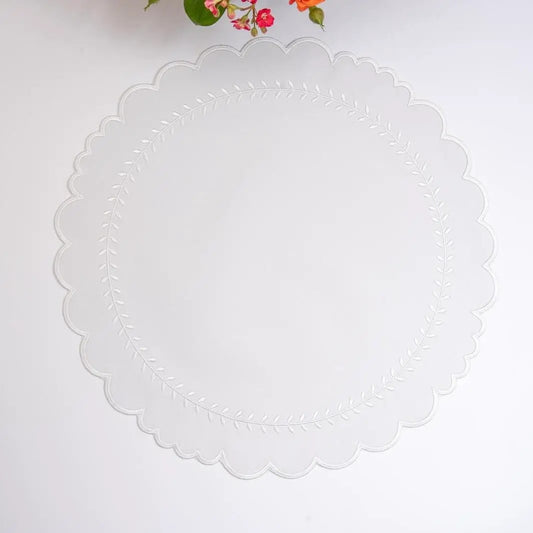 Arrow placemat for dining protection round white placemat with scalloped edge and leafy border on Tampa Home & Garden Store