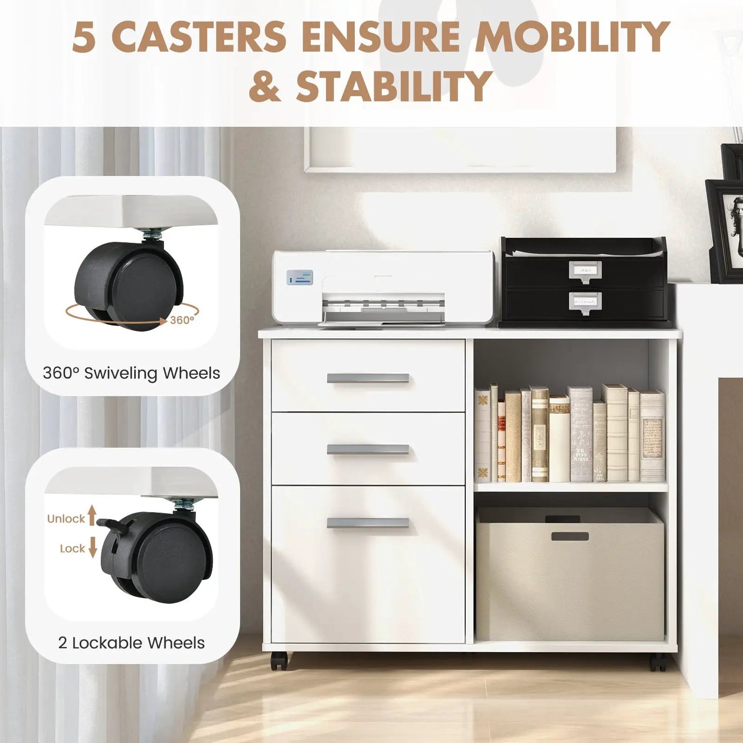 DirectDeals three-drawer mobile file cabinet printer stand in white with caster wheels on Tampa Home & Garden Store