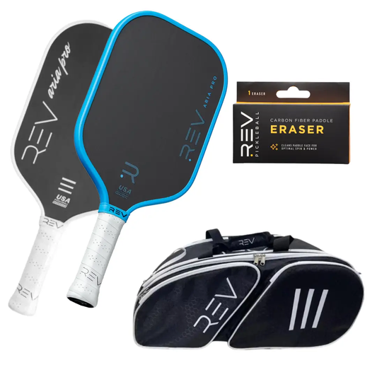 Professional Mix and Match Bundle for Two featuring REV Pickleball ARIA PRO paddles (blue-edged and gray) with a carrying bag and eraser on Tampa Home & Garden Store