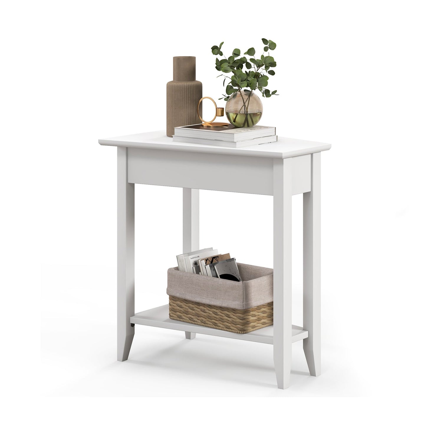 2-Tier Wedge Narrow End Table with Storage Shelf and Solid Wood Legs-Espresso