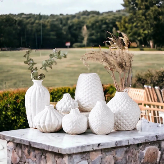 Whitney Vases Artisan Ceramic White Finish set of white ceramic vases with geometric textures on Tampa Home & Garden Store