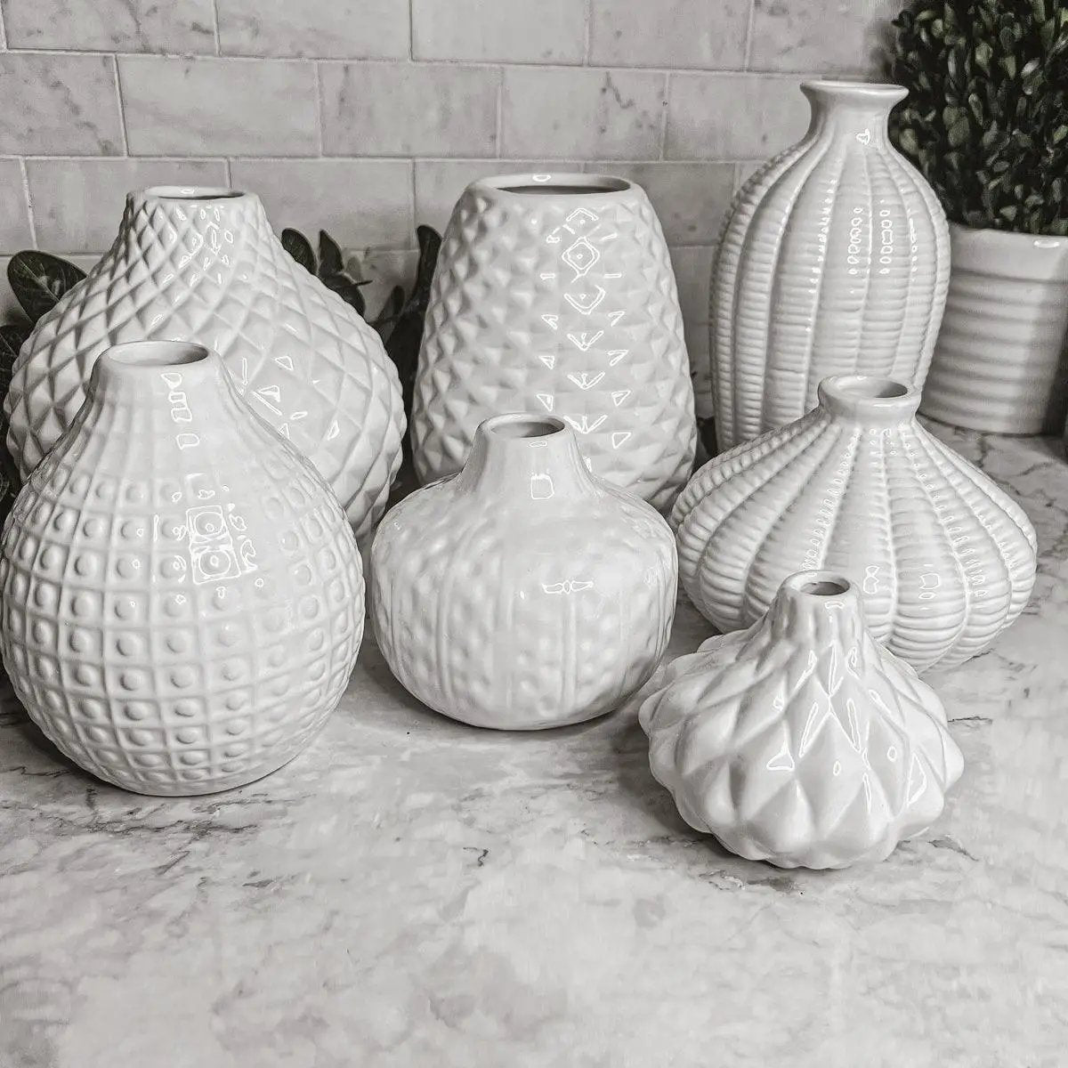 Whitney Vases by Gia Roma white ceramic vases with geometric patterns and ribbed surfaces on Tampa Home & Garden Store