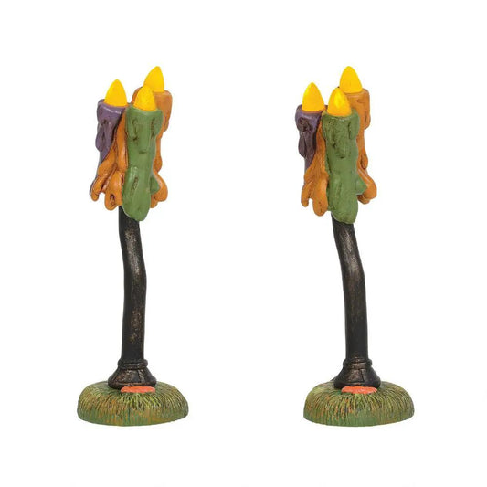 Pair of Wicked Wax Lamps for Spooky Village Decor with yellow flames on leaf clusters on Tampa Home & Garden Store