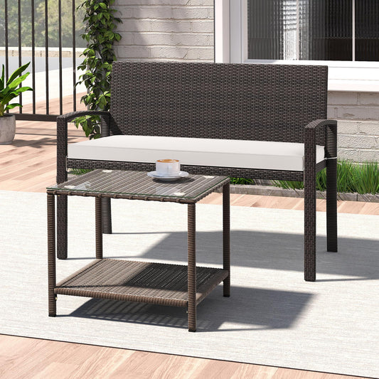 Wicker 2-Seat Bench with Soft Seat Cushion and Metal Frame-White - Tampa Home & Garden Store