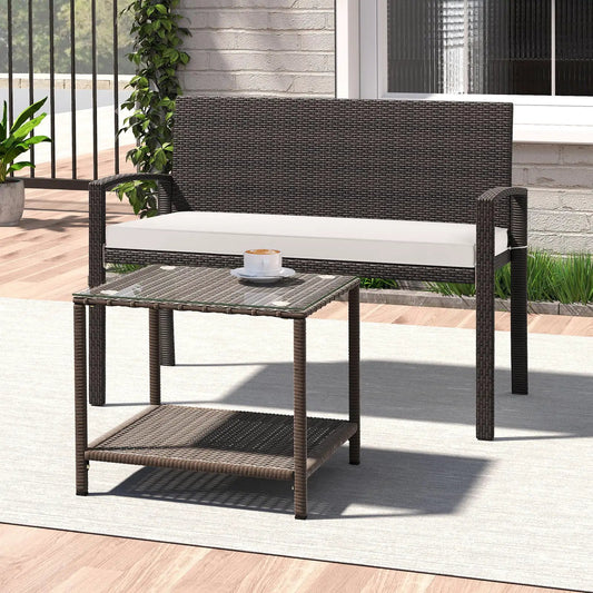 Wicker 2-Seat Bench with Soft Seat Cushion and Metal Frame-White - Tampa Home & Garden Store