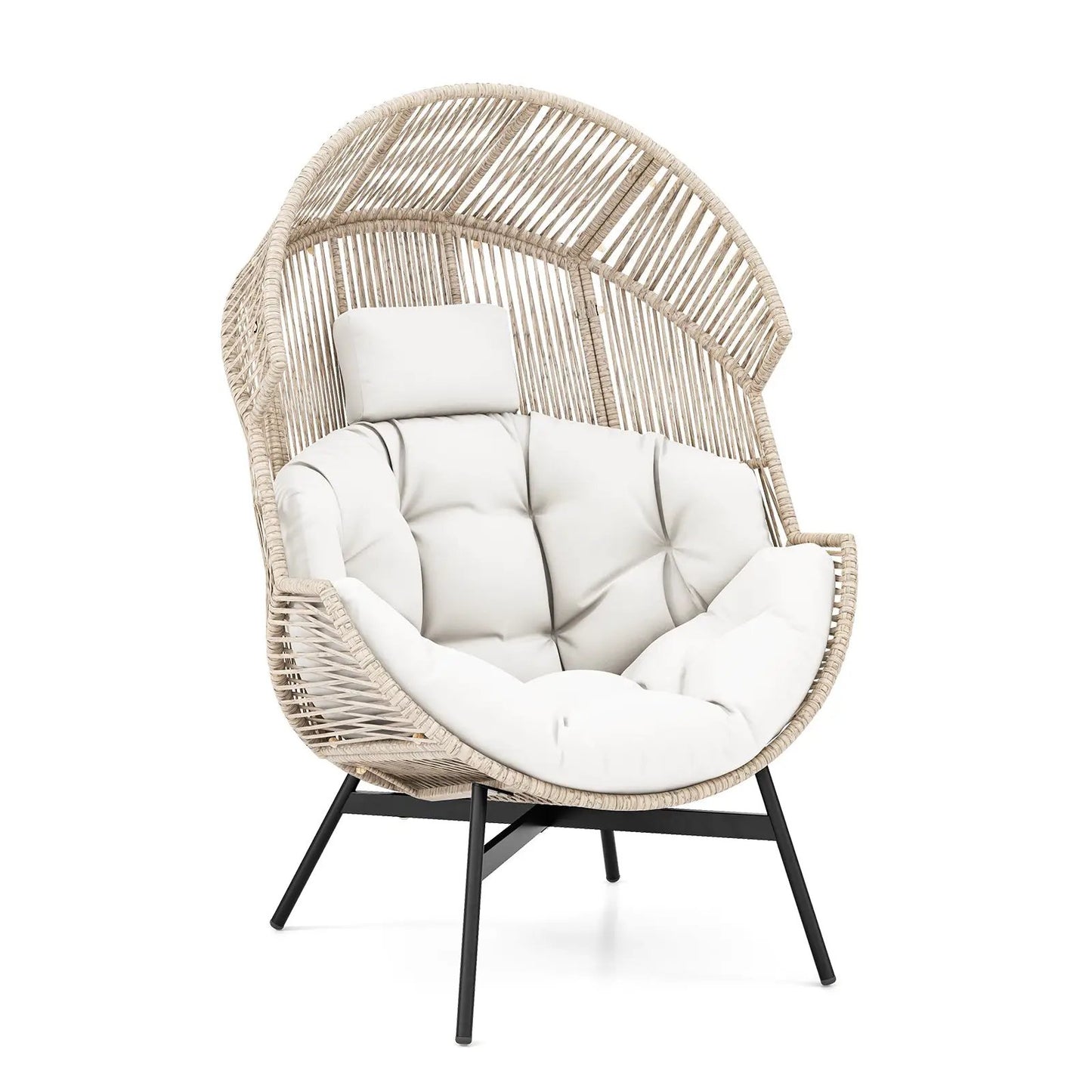 Wicker Oversized Egg Style Chair with Cushions and Headrest-Black - Tampa Home & Garden Store