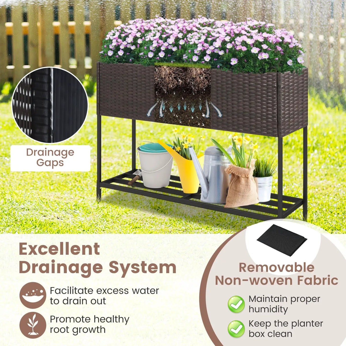 Wicker Garden Bed With Storage Shelf DirectDeals, brown wicker, pink flowers with drainage gaps on Tampa Home & Garden Store