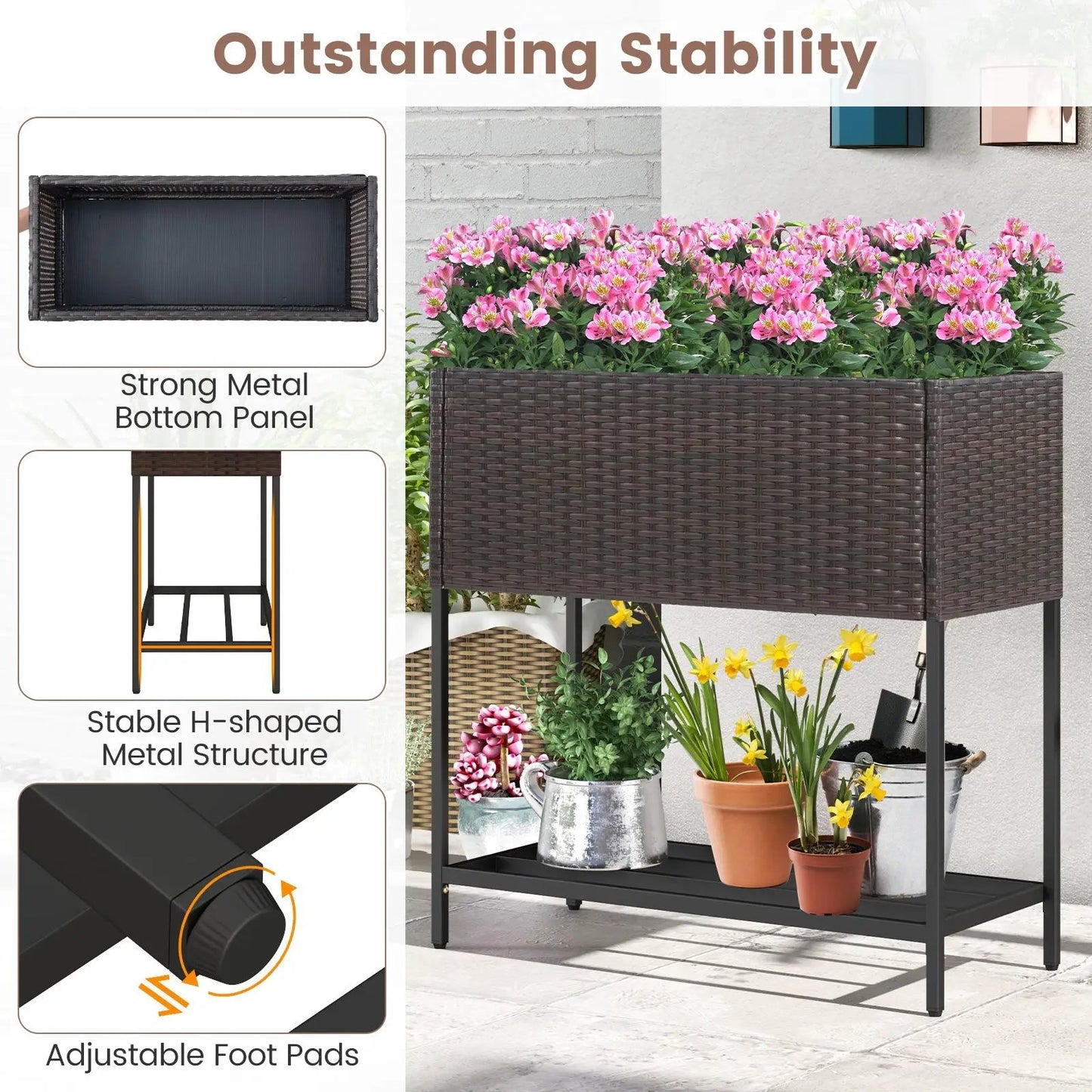 Wicker Raised Garden Bed with Storage Shelf, dark brown wicker on metal frame DirectDeals on Tampa Home & Garden Store