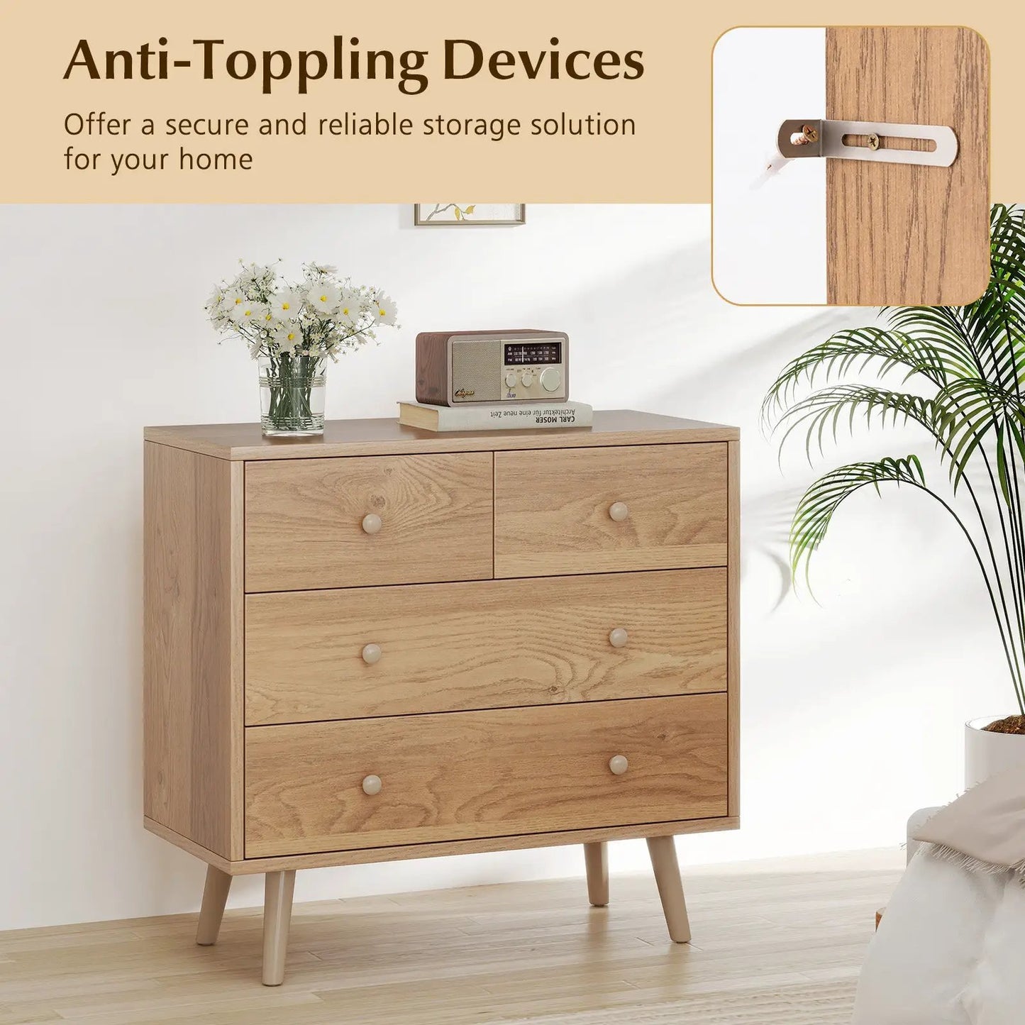 Wide wooden dresser with four drawers in light oak finish, round knobs, mid-century legs on Tampa Home & Garden Store