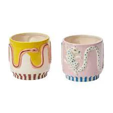 Leopard-pattern ceramic plant pot set of 2, 5 inch, yellow drip and pink spotted with blue base on Tampa Home & Garden Store