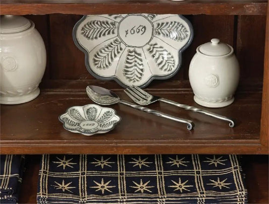 set of Williamsburg ceramic spoon rests with fern pattern white and blue plates on Tampa Home & Garden Store
