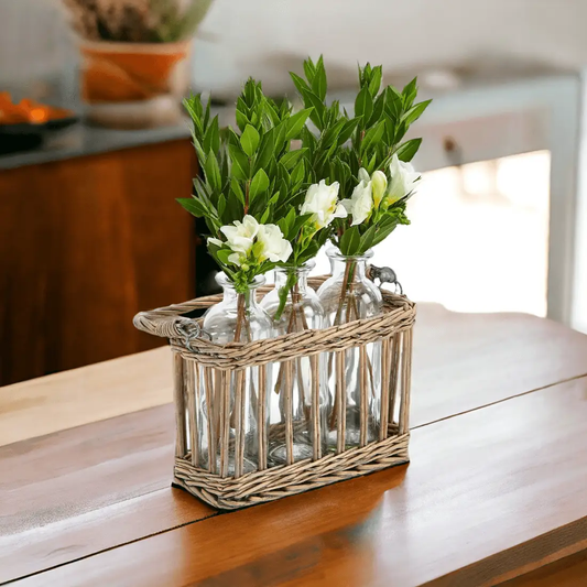 Willow-wrapped vase set with moving handle in natural wicker carrier featuring clear glass vases on Tampa Home & Garden Store