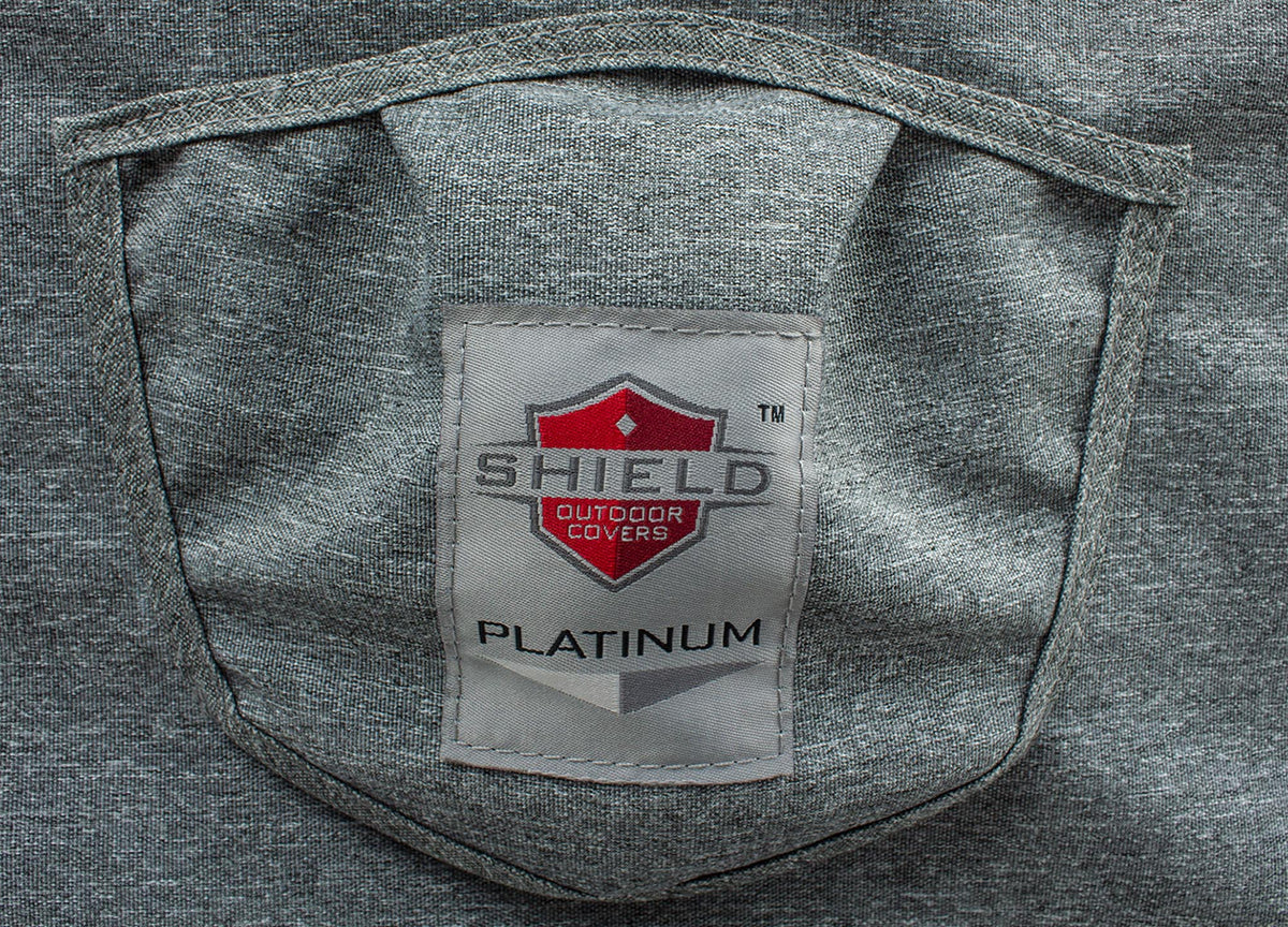 Sofa Cover Large Platinum by Shield Outdoor Covers gray textured fabric with brand label on Tampa Home & Garden Store