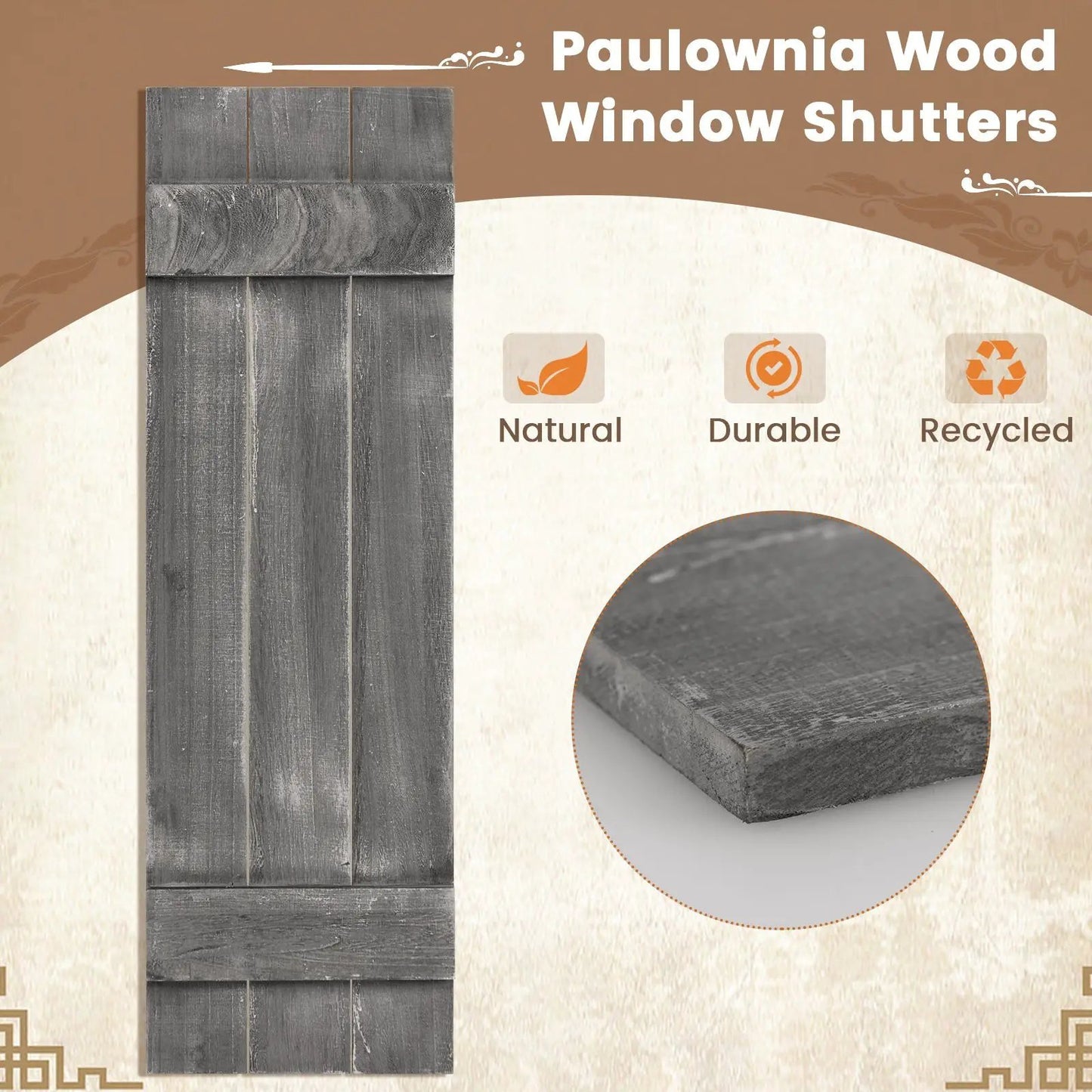 Farmhouse Paulownia Window Shutters Set of 2, dark gray, board & batten, DirectDeals on Tampa Home & Garden Store