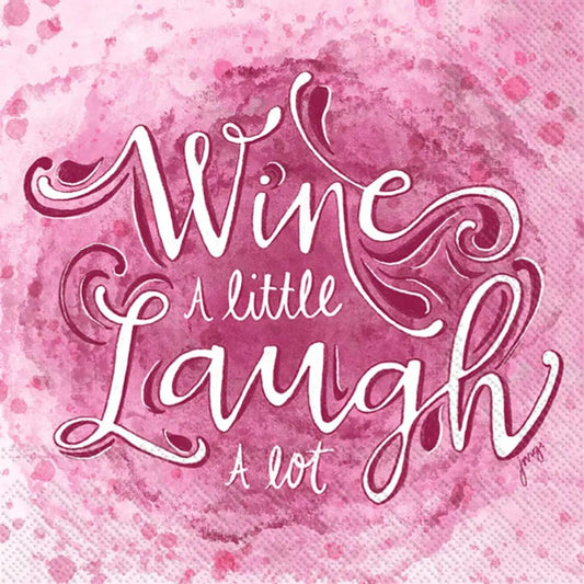 Wine and Laugh cocktail napkins with pink watercolor background and decorative script text on Tampa Home & Garden Store