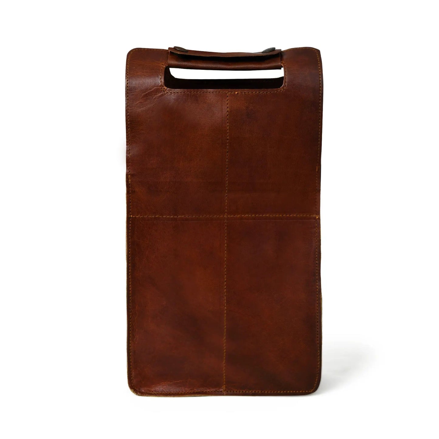 Brown leather wine bottle cover with a top handle cutout and visible stitching on Tampa Home & Garden Store