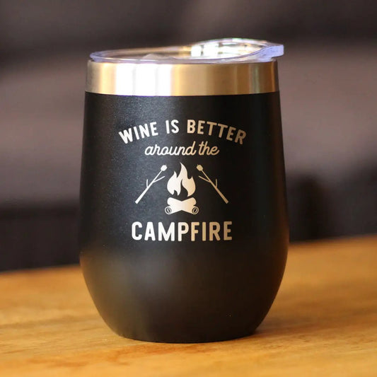 bevvee wine tumbler matte black with silver rim featuring a campfire graphic on Tampa Home & Garden Store