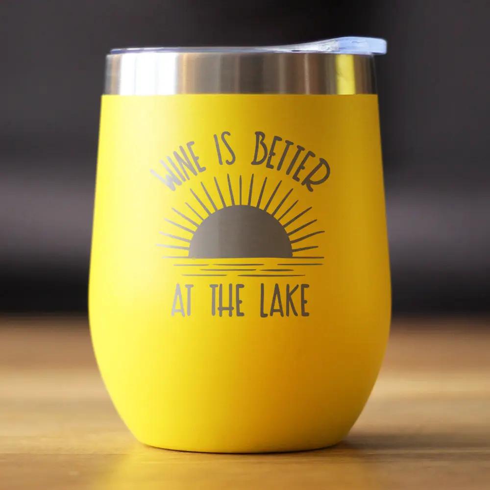 Wine Tumbler 12oz bevvee yellow stainless steel with sliding lid and Wine Is Better At Lake on Tampa Home & Garden Store