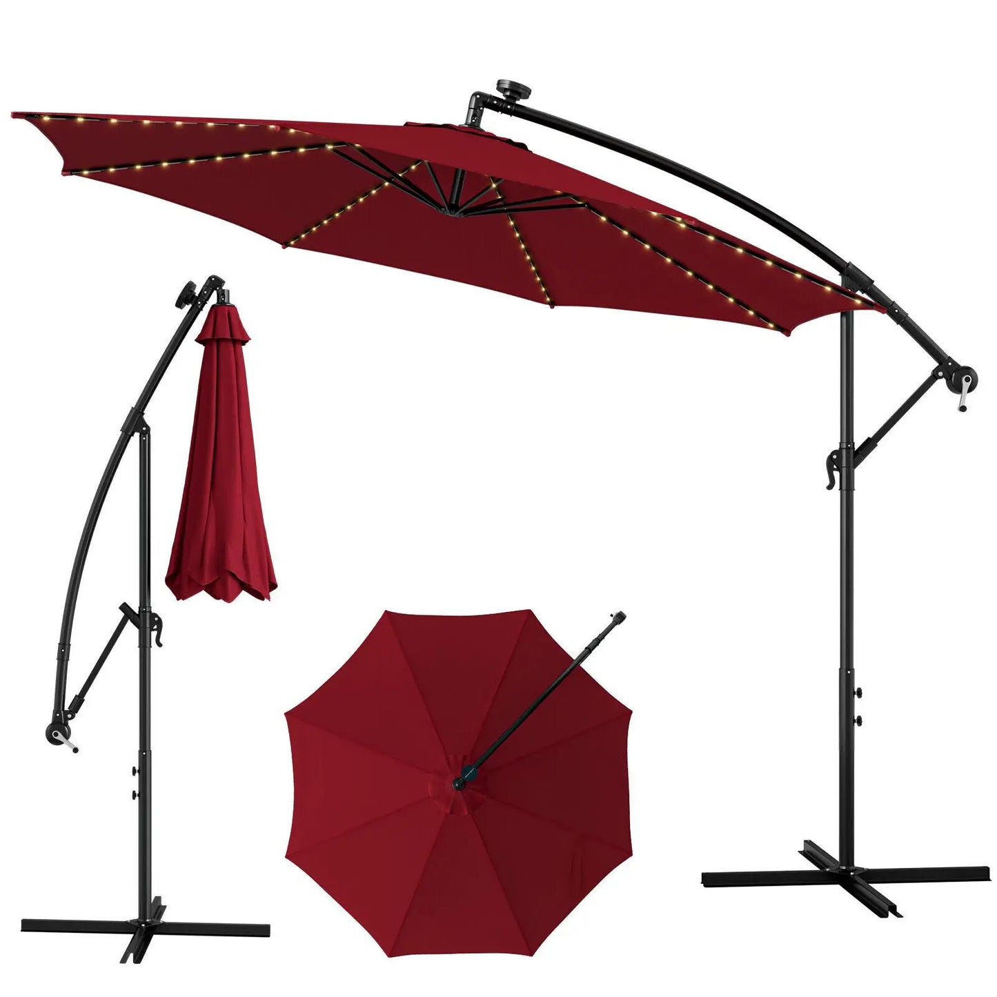 10 ft offset patio umbrella with LED lights, red canopy, DirectDeals outdoor umbrella set on Tampa Home & Garden Store