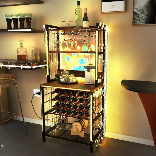 DirectDeals wine bar cabinet with 4-tier storage, black metal frame and wooden shelves on Tampa Home & Garden Store