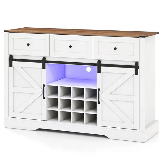 DirectDeals 52-inch white wine bar cabinet with wood top, LED-lit interior, and sliding barn doors on Tampa Home & Garden Store