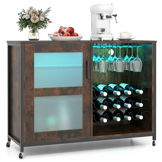 Wine bar cabinet rustic brown with turquoise LED lighting and wine glass storage on Tampa Home & Garden Store