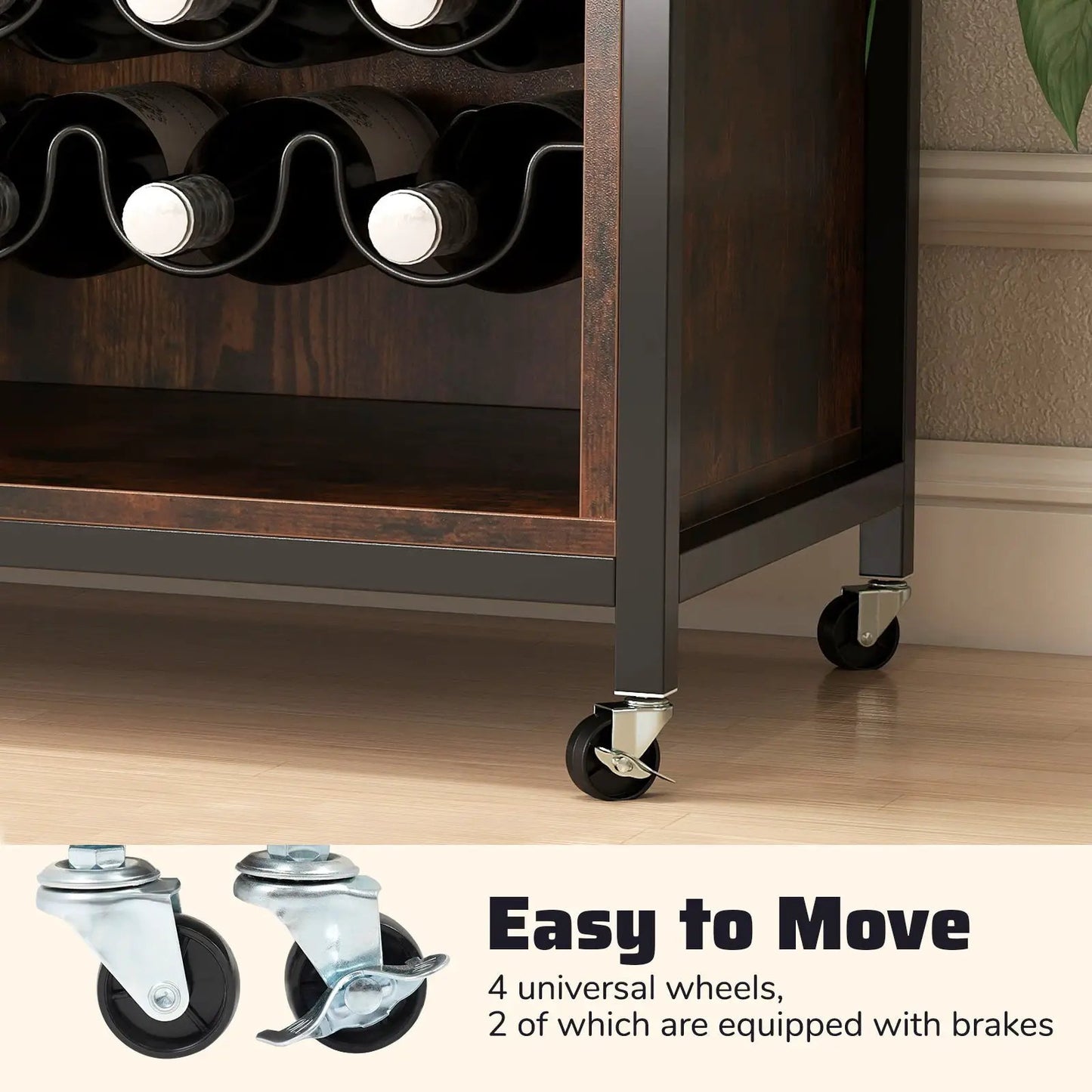 Wine Bar Cabinet with LED lighting, dark wood finish, holds bottles on shelves with casters on Tampa Home & Garden Store