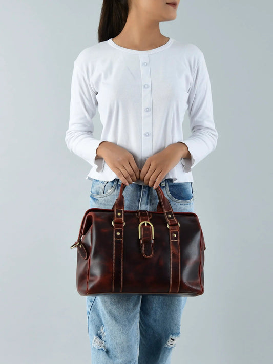 Wineberry Chic Brown Leather Handbag with structured silhouette, top handles on Tampa Home & Garden Store
