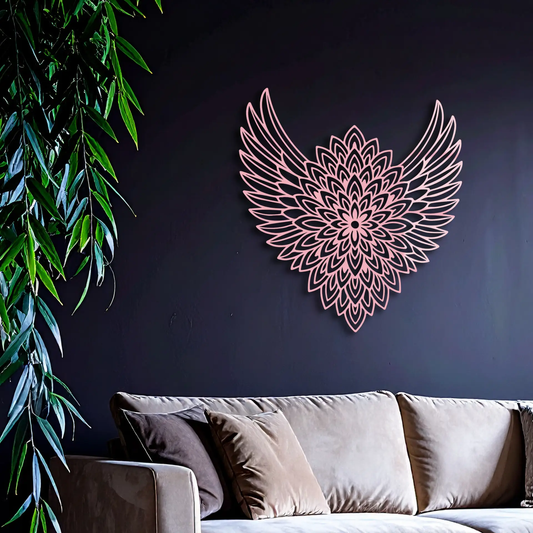 Winged Mandala Metal Wall Art pink with sacred geometry design for girl power decor on Tampa Home & Garden Store