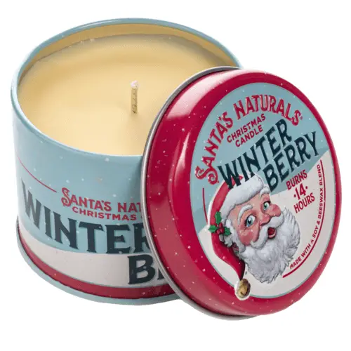 Winter Berry 3.5oz tin candle with red lid featuring Santa; blue tin base Santa's Naturals on Tampa Home & Garden Store