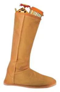 Winter boot stocking in tan suede with items peeking out by The Country Christmas Loft on Tampa Home & Garden Store