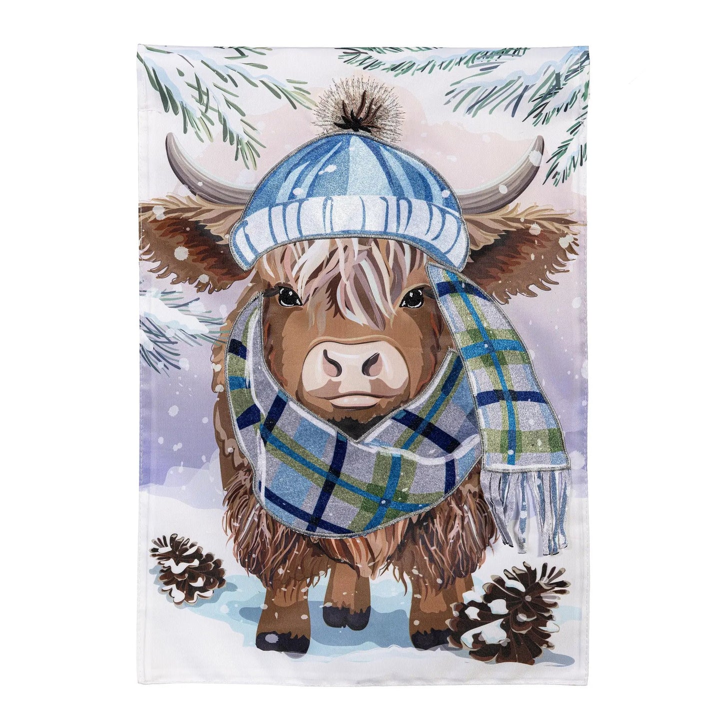 Winter Highland Cow Garden Flag Applique by Evergreen Enterprises, blue plaid scarf detail on Tampa Home & Garden Store