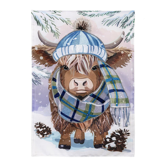 Winter Highland Cow Garden Flag Applique by Evergreen Enterprises, blue plaid scarf detail on Tampa Home & Garden Store