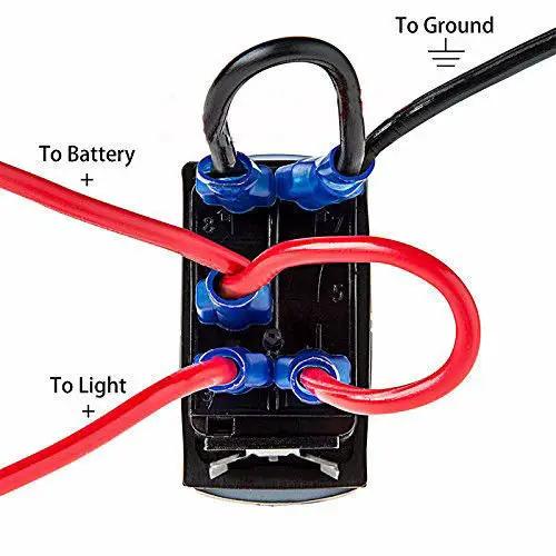 Black rocker switch for vehicle accessories with blue terminals and red wires, 20A 12V on Tampa Home & Garden Store