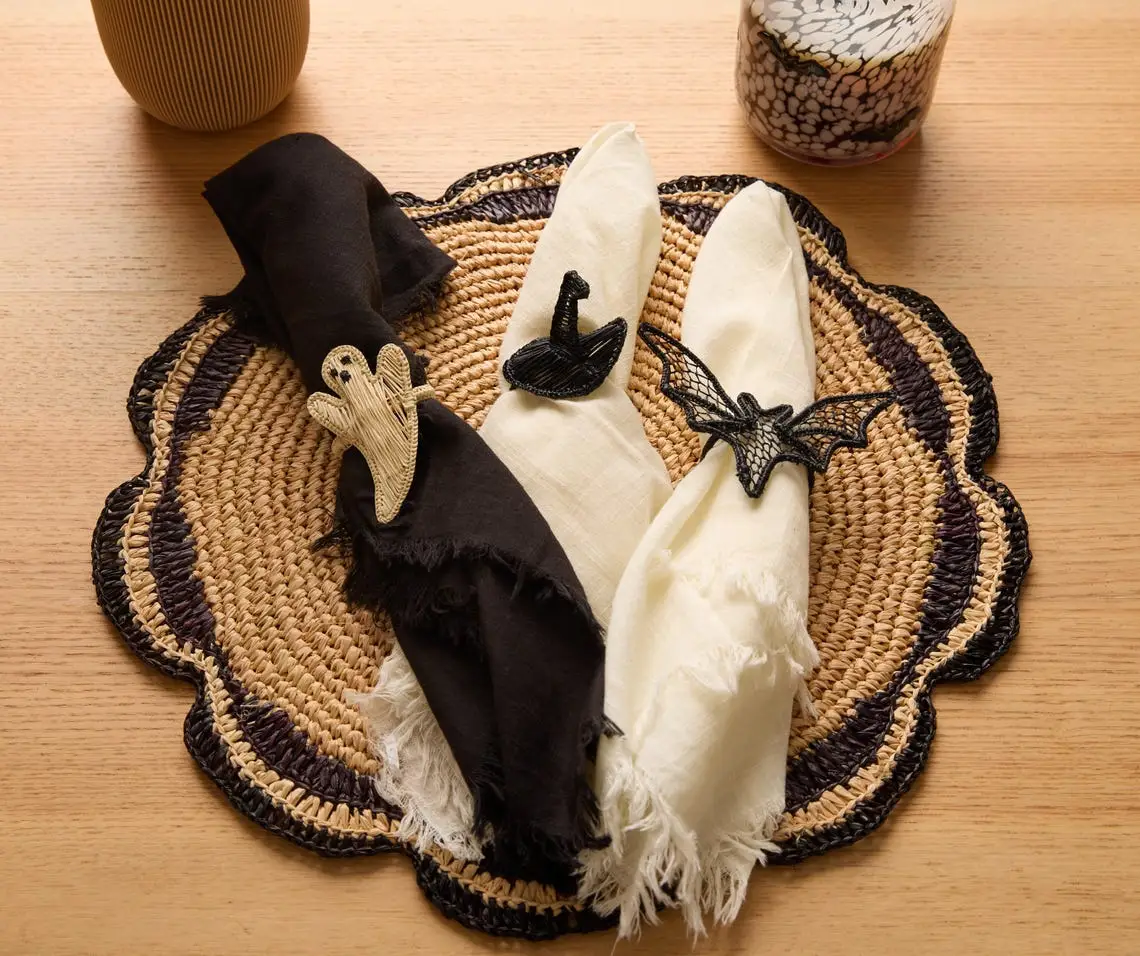 Witch Hat Napkin Ring set with black bat and ivory skeleton-hand clips for napkins on Tampa Home & Garden Store
