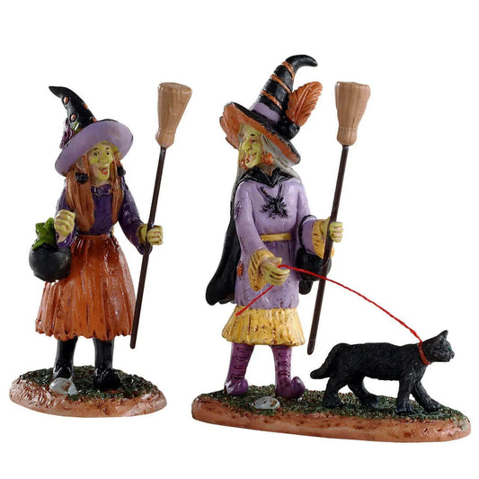 Witches Night Out 2 Piece Set Figurines two witches with a leashed black dog on a base on Tampa Home & Garden Store