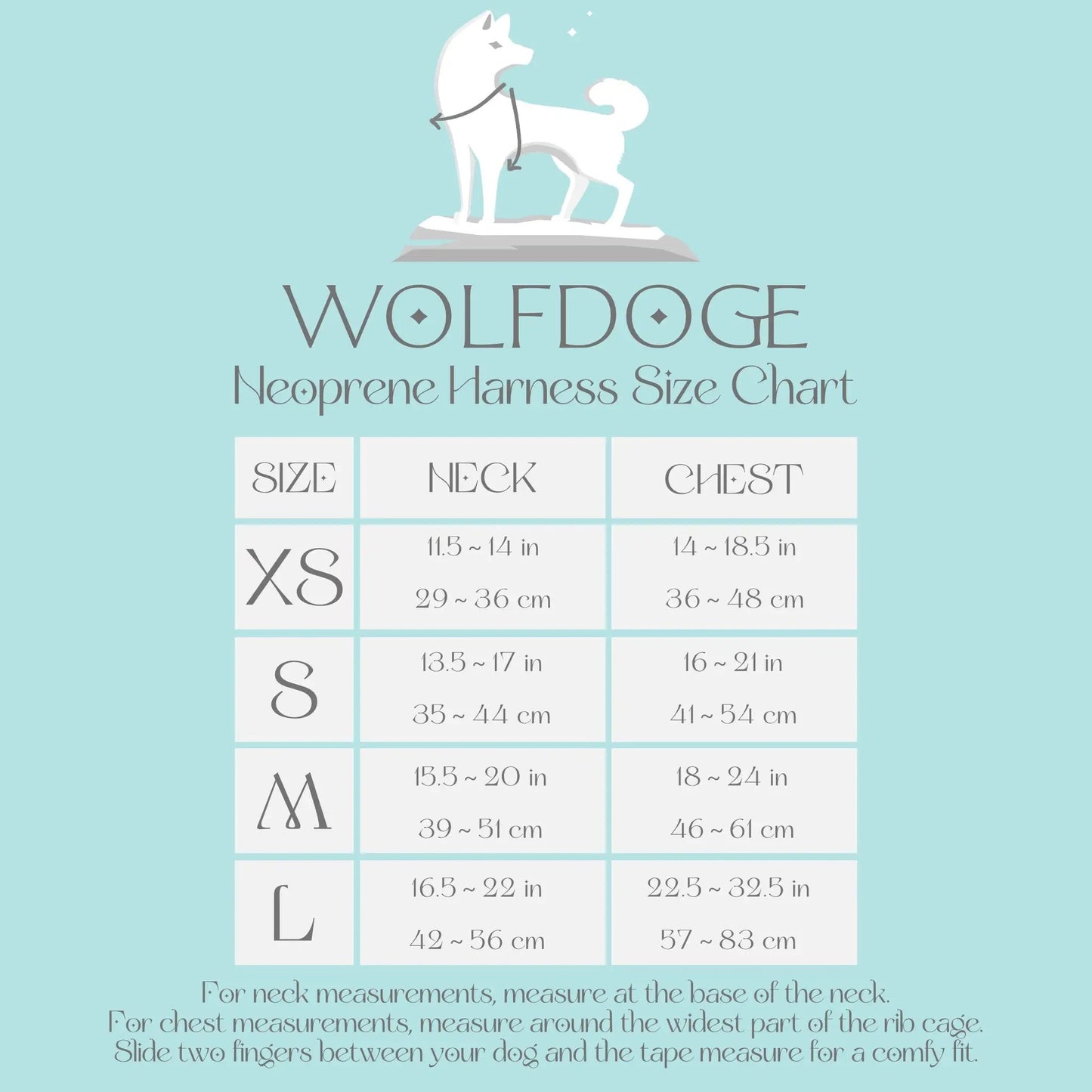 Desert Dream Harness by WOLFDOGE neoprene dog harness with size chart on turquoise background on Tampa Home & Garden Store