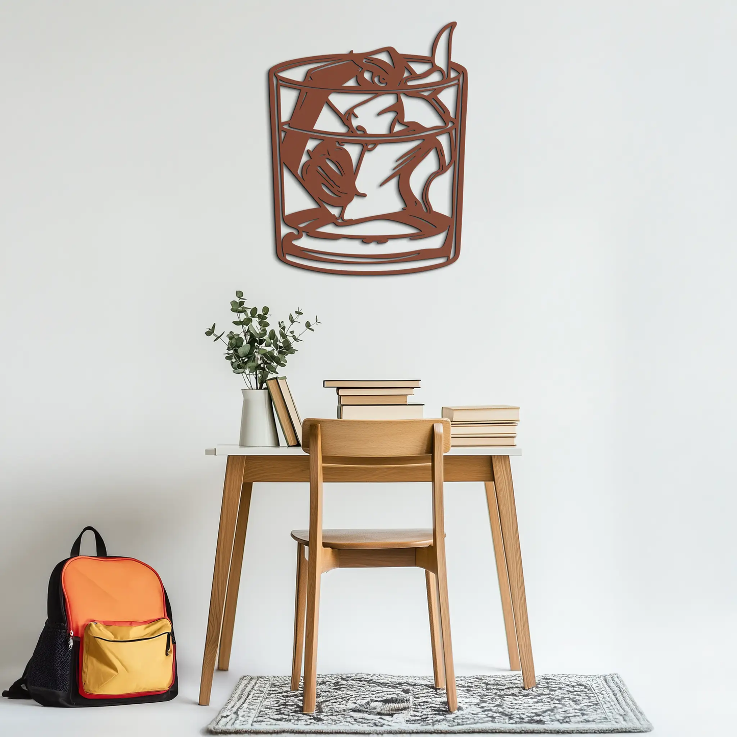 Modern metal wall art woman in whiskey glass design, rust brown Enova Art on Tampa Home & Garden Store