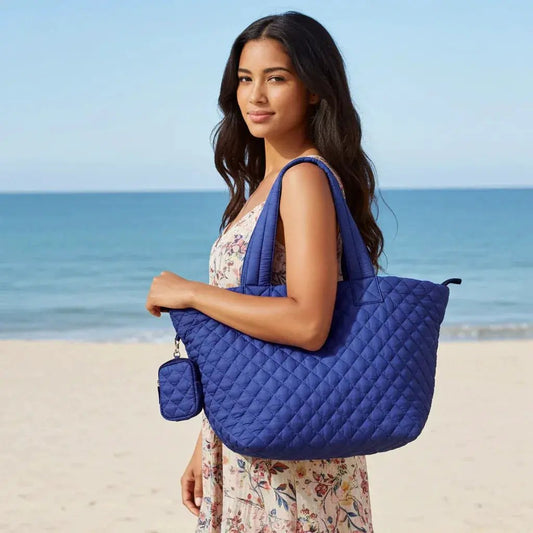 Alyssa Quilted Nylon Tote by MiamiLeathers blue quilted nylon with matching mini pouch on Tampa Home & Garden Store