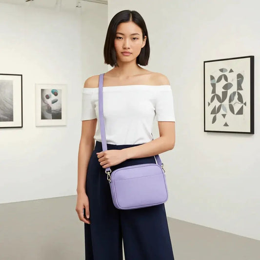 Genuine Leather Double Zipper Crossbody bag by MiamiLeathers lavender pebbled with strap on Tampa Home & Garden Store